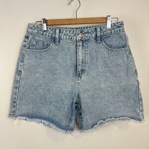 90s Y2K Style Women's Size Large Blue Jean Shorts Jorts Distressed Hem Mom